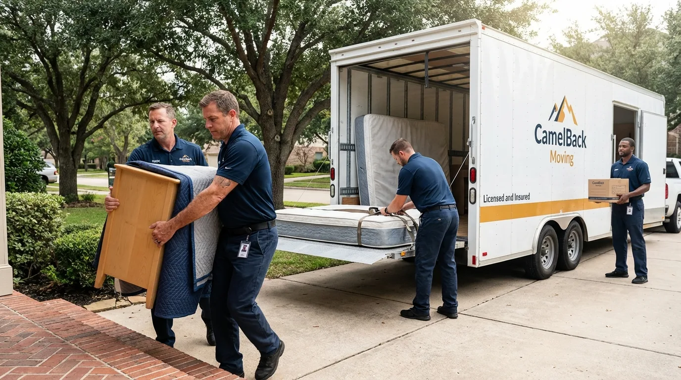 Crew loading residential truck for cross-state move from Rocksprings, TX