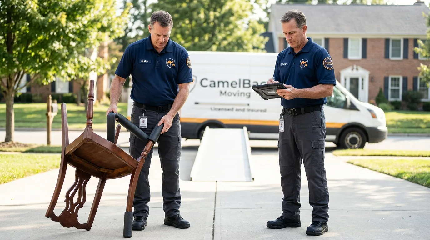 Movers inspecting furniture for damage prevention before loading in Rocksprings, TX